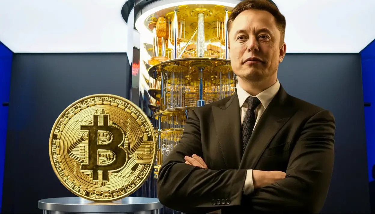 Elon Musk en costume devant ordinateur quantique Bitcoin